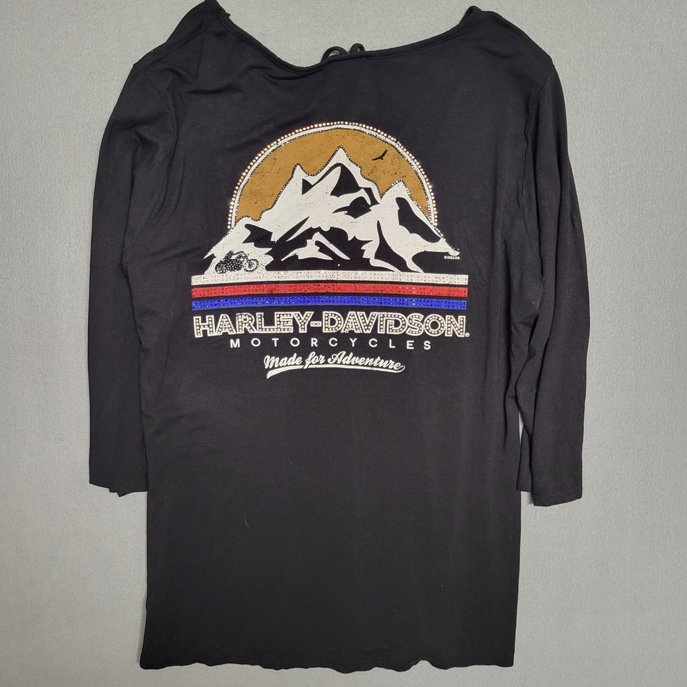 Harley Davidson Motorcycles Bedazzled Black 3/4 Sleeve T Shirt Top 2XL